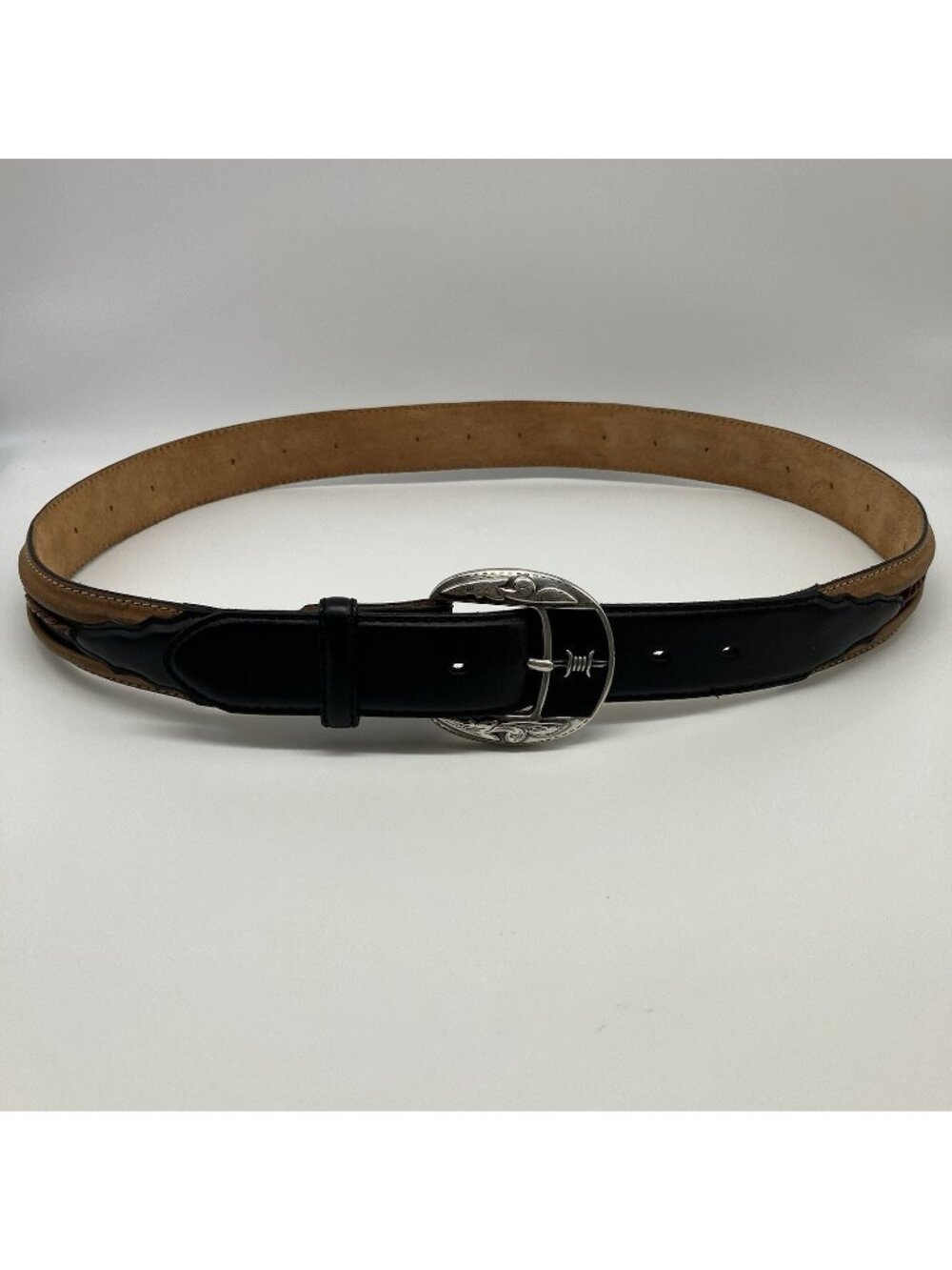 Justin Barbwire Leather Belt Silver Ornate Buckle Size 38 Western Style - T12